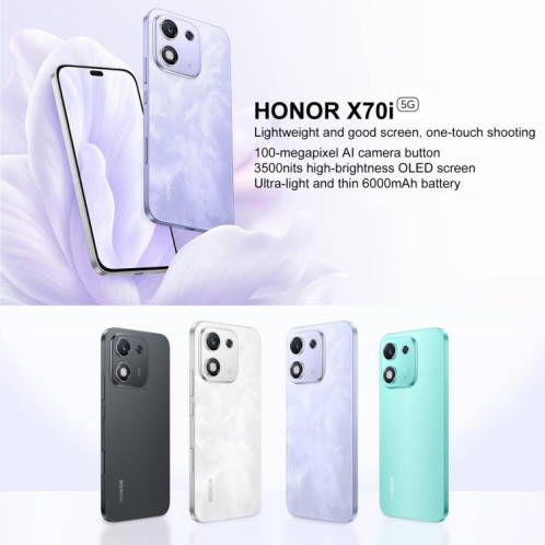 Honor X70i, 12 Go + 256 Go, lecteur d'empreintes digitales intégré, écran 6,7 pouces, MagicOS 9.0, Android 15.0, Dimensity 7025 Ultra Octa Core, réseau : 5G, OTG, NFC (blanc) SH918W1892-09